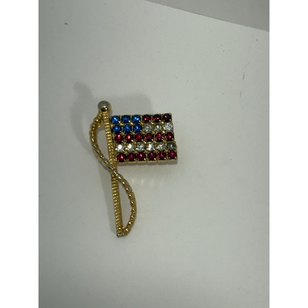 Rafaelian USA American Flag Brooch Pin Signed Red White & Blue‎ Rhinestones